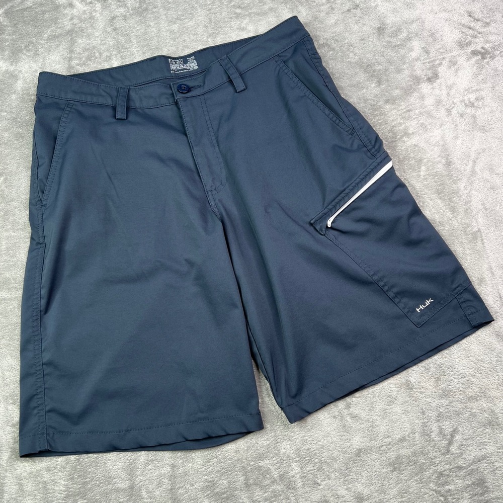 Huk Performance Fabrics Shorts Mens 32 Navy Blue Solid Zipper Pockets Gorp 10"